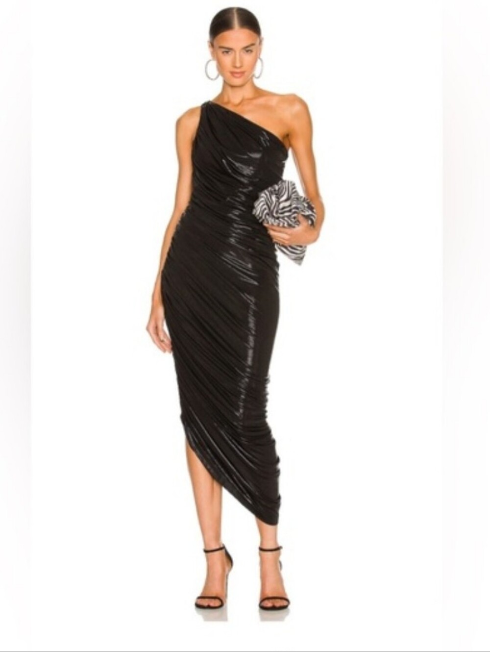 Norma Kamali Diana Metallic Ruched One-Shoulder Midi Dress - Black‎ - S